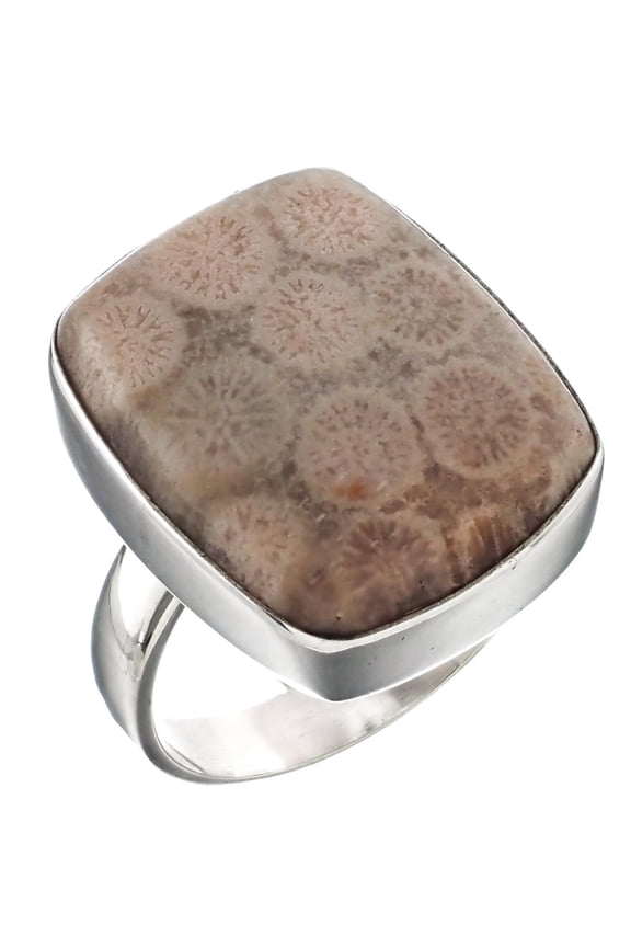 Rectangle Fossil Coral 925 Sterling Silver Ring, US 9 Adjustable