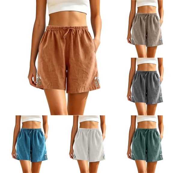 VBVC Women's Drawstring Cotton Linen Shorts , Summer Casual Beach Shorts For Women , Ladies' Loose Floral Embroidered Summer Shorts with Pockets,Army Green,M-3XL