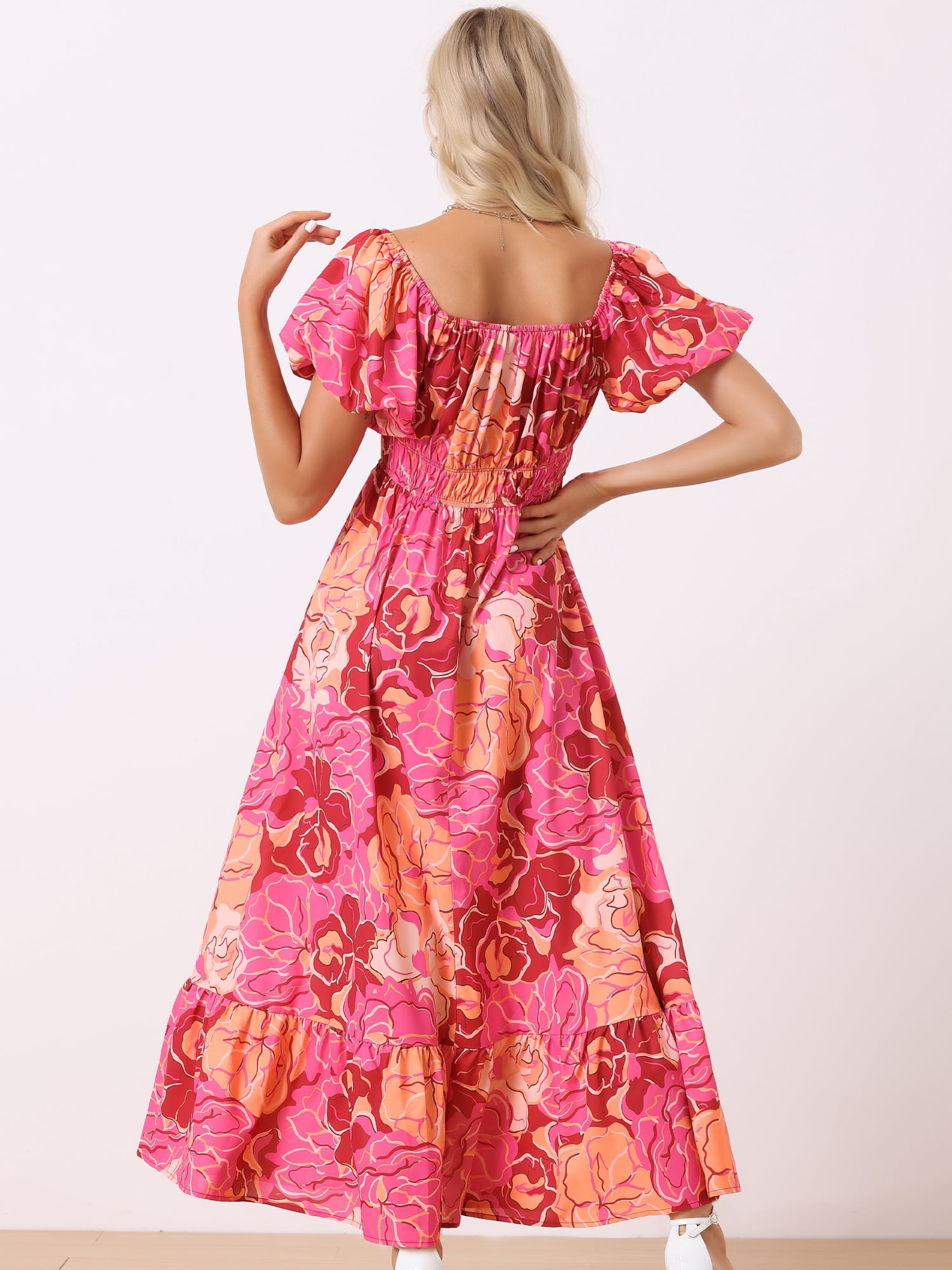 DARING DIVA Women Floral Sweetheart Neck Puff Short Sleeves Boho Maxi Dress XL Pink