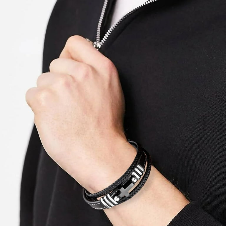 VA JENT Men's Cross Leather Braided Bracelet - Stainless Steel Buckle, Multilayer Wristband