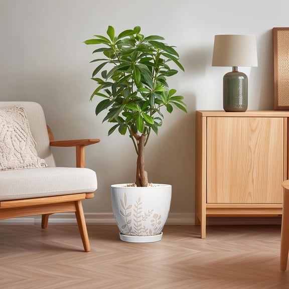 10 Inch Indoor Planter with Saucer - Boho Ceramic Plant Pot with Drainage for Indoor Plants, Large Flower Pot, Home Office Garden Room Decor, Plant Lovers Gifts, White