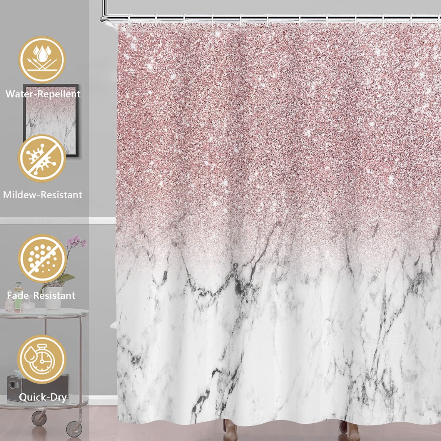 FRAMICS Pink Shiny (No Glitter) Marble Shower Curtain and Rug Sets, 16-Piece Modern Bathroom Sets, Waterproof Fabric Shower Curtain with 12 Hooks and Toilet Rugs
