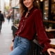 thumbnail image 5 of Ounisa Women's Velvet Tops Dressy Casual Long Sleeve Smocked Work Blouses Trendy Blusas Elegantes Button Down Shirts, 5 of 7