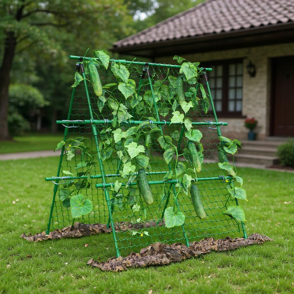 Kselythan Cucumber Trellis,4ft x 4ft Green Metal A-Frame Garden Trellis for Climbing Plants – Support for Cucumbers,Tomatoes, Peas,Beans,and Vines, Includes Netting, Fits Raised Beds,Outdoor Support