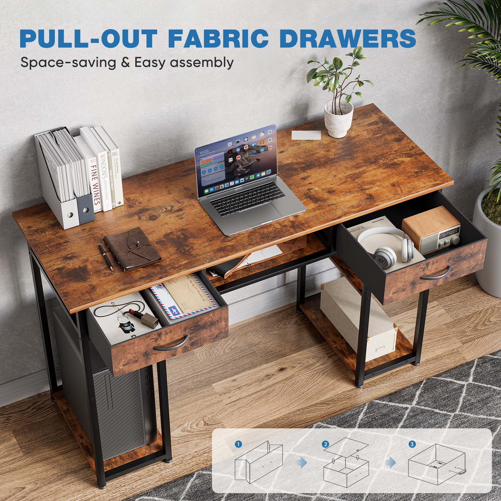 Aukfa Computer Desk with Storage Drawer, Wood Student Writing Desk for Small Space Home,Brown