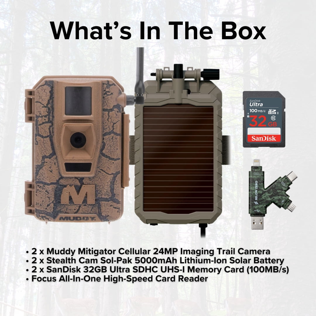 Muddy Mitigator Cellular 24MP Imaging Trail Camera (2-Pack) Bundle with 2x 5000mAh Lithium-Ion Solar Battery, 2x 32GB Memory Card, and Card Reader (7 Items)