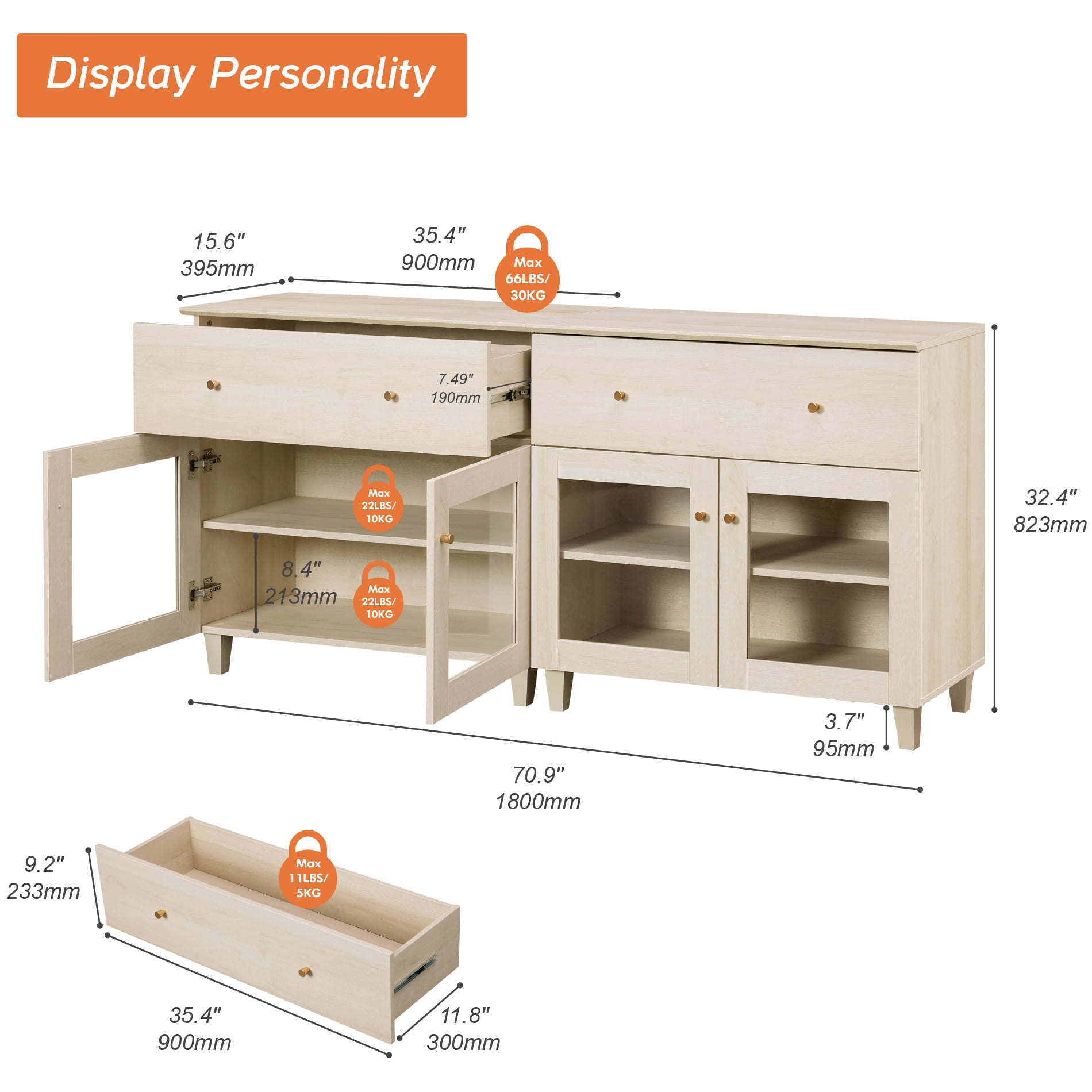 Modern Glass‑Door Dresser Cabinet, Bedroom Organizer – Wide Drawer, Fixed Shelf, Anti‑Tip, Light Oak, 71" W