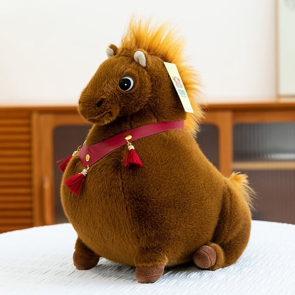 Horse Stuffed Animal Toy Big Belly Sitting Pony Plush Doll Toy(Brown-33cm)#9026