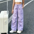 thumbnail image 7 of CPNG Girls Cargo Pants Solid Color Elastic High Waist Straight Wide Leg Baggy Cargo Sweatpants Lightweight Streetwear Casual Cargo Trousers, 7 of 7