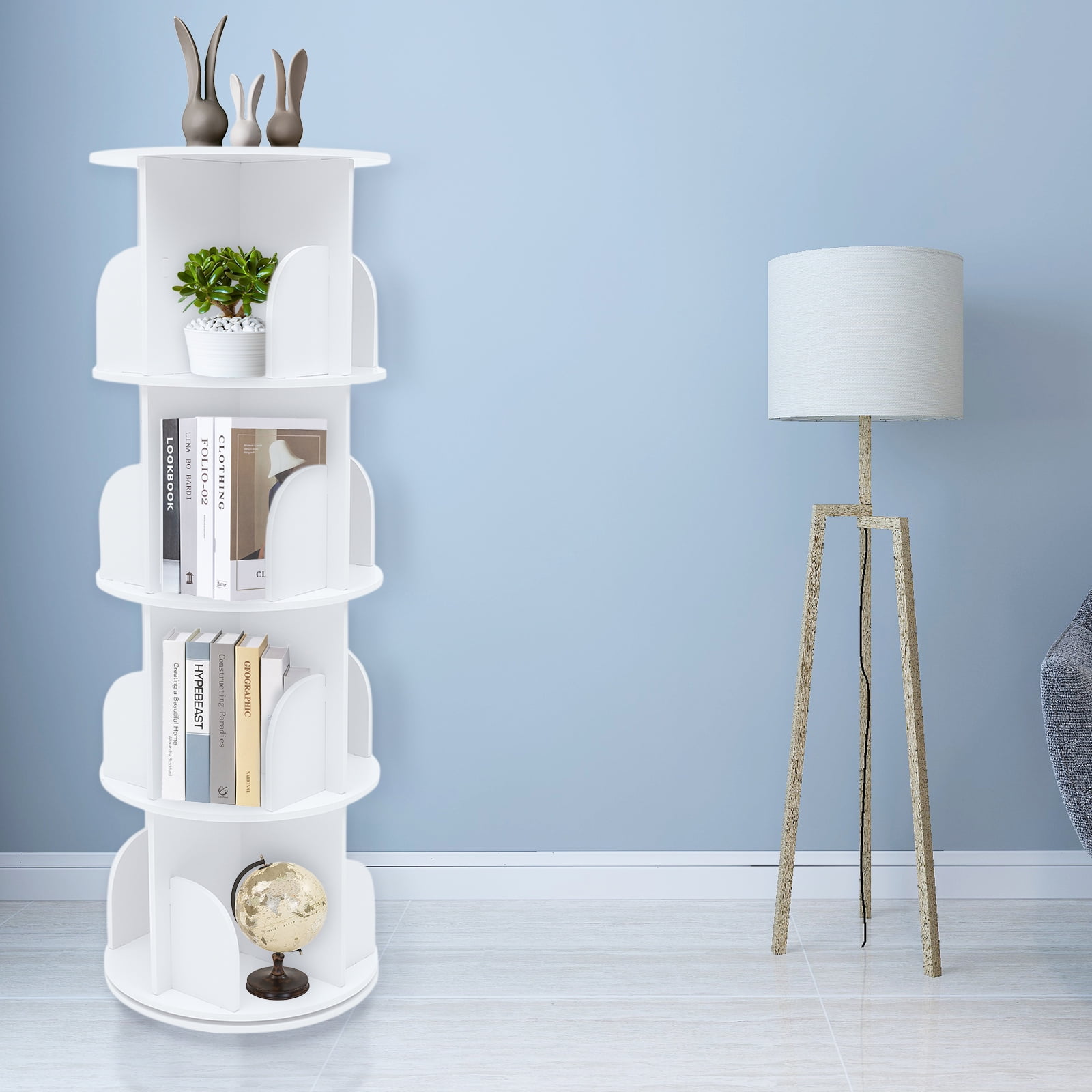 White Round Revolving Bookshelf, 2/4 Tier 360° Rotating Wood Floor Standing  Bookcase Magazine Storage Display Rack 