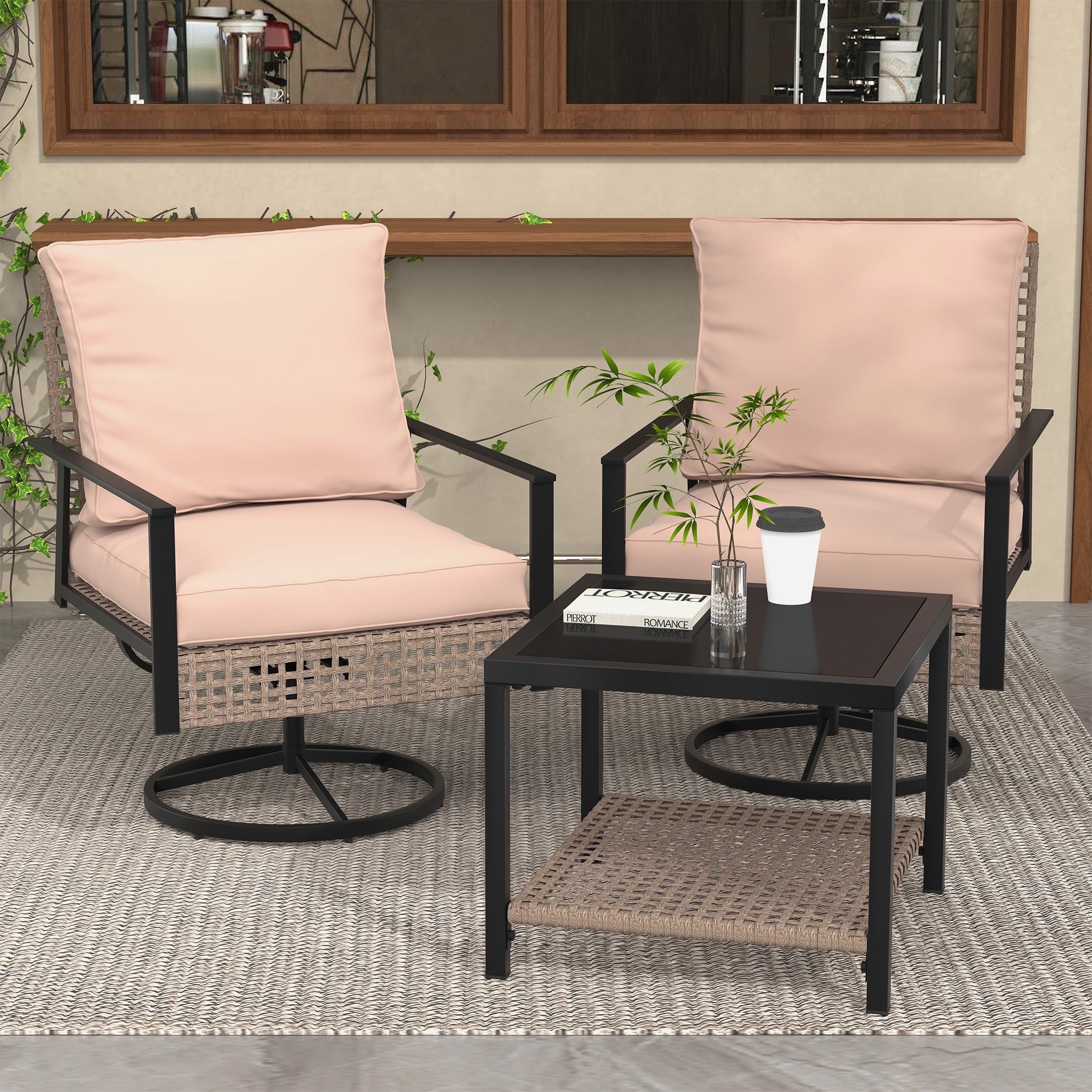 Ainfox Premium Patio Swivel Bistro Set,Wicker Rattan Rocking Chairs w/Glass Top Table & Cushions,Khaki
