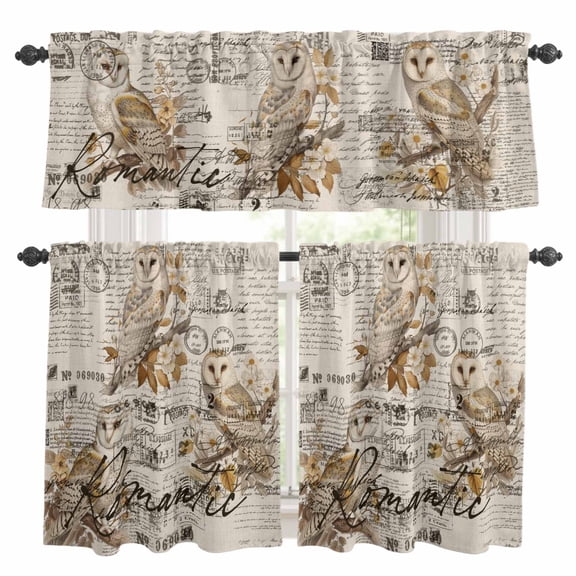 Vintage Owl Kitchen Curtains Sets for Windows 36 Inch Length, Farmhouse Sping Floral Botanical Postmark Rod Pocket Window Treatments Tier Curtains and Valances Set for Bedroom/Bathroom