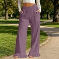 thumbnail image 2 of Cotton Linen Pants for Women High Waist Drawstring Ruffle Hem Wide Leg Pants Casual Vacation Trousers with Pockets, 2 of 7