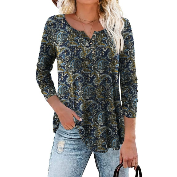 Traleubie Plus Size Tunic Tops Long Sleeve Casual Floral Printed Henley Shirts for Women M-4XL
