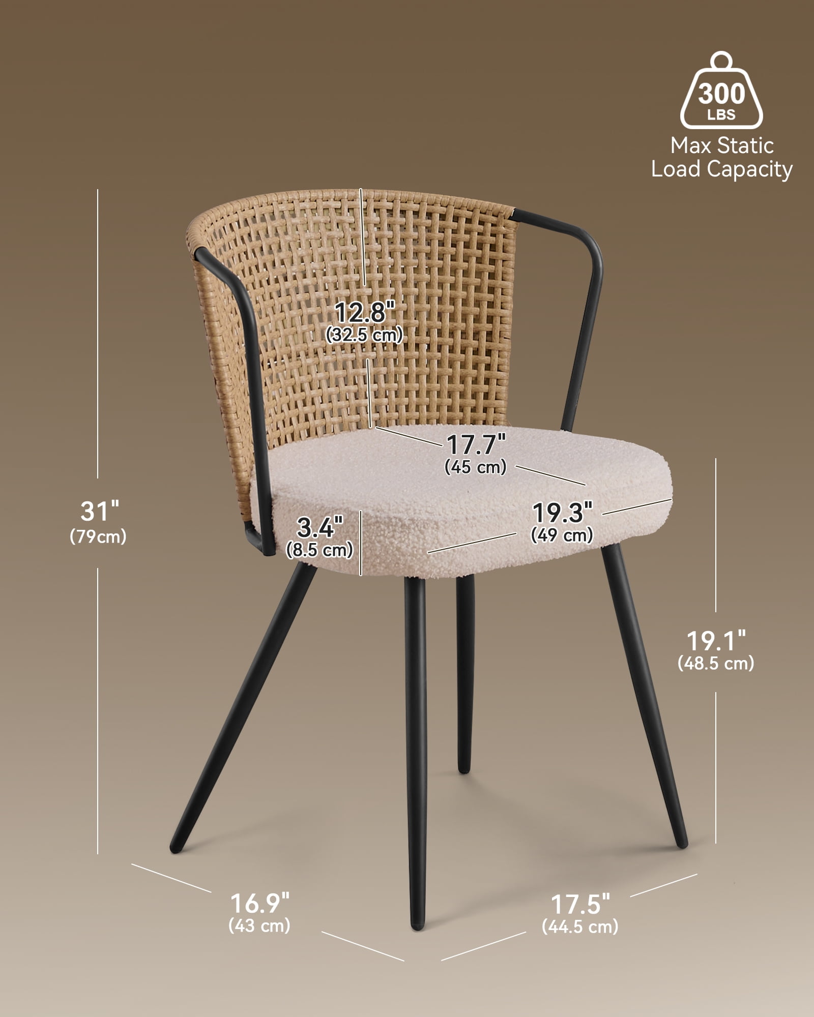 Sailvan Dining Chair Set of 2, Accent Rattan Dining Room Chairs, Modern Kitchen Chairs with Lamb Fleece Cushion, Mid Century Style Living Room Chairs, Easy Assembly, Brown