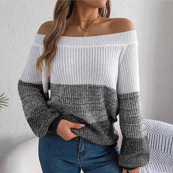 Zedker Casual V-Neck Long Sleeve Women's Off-Shoulder Color Splicing Knitted Sweaters, Comfy Thermal Pullover Tops for Fall and Winter,Black,L
