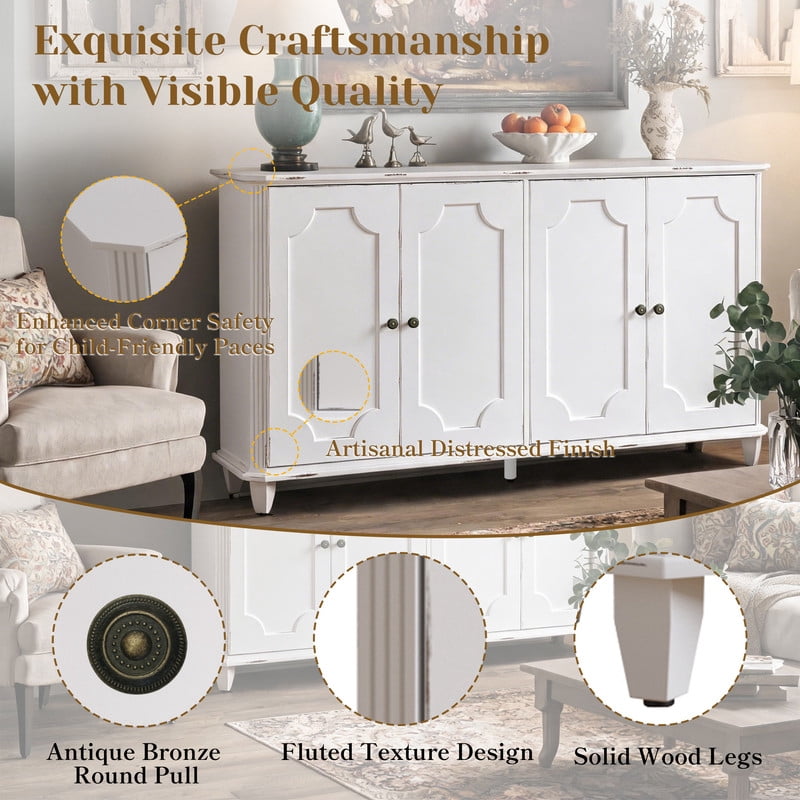 Distressed Farmhouse Buffet Sideboard Cabinet, 4 Embossed-Door Storage Cupboard, Versatile Cabinet with Adjustable Shelf
