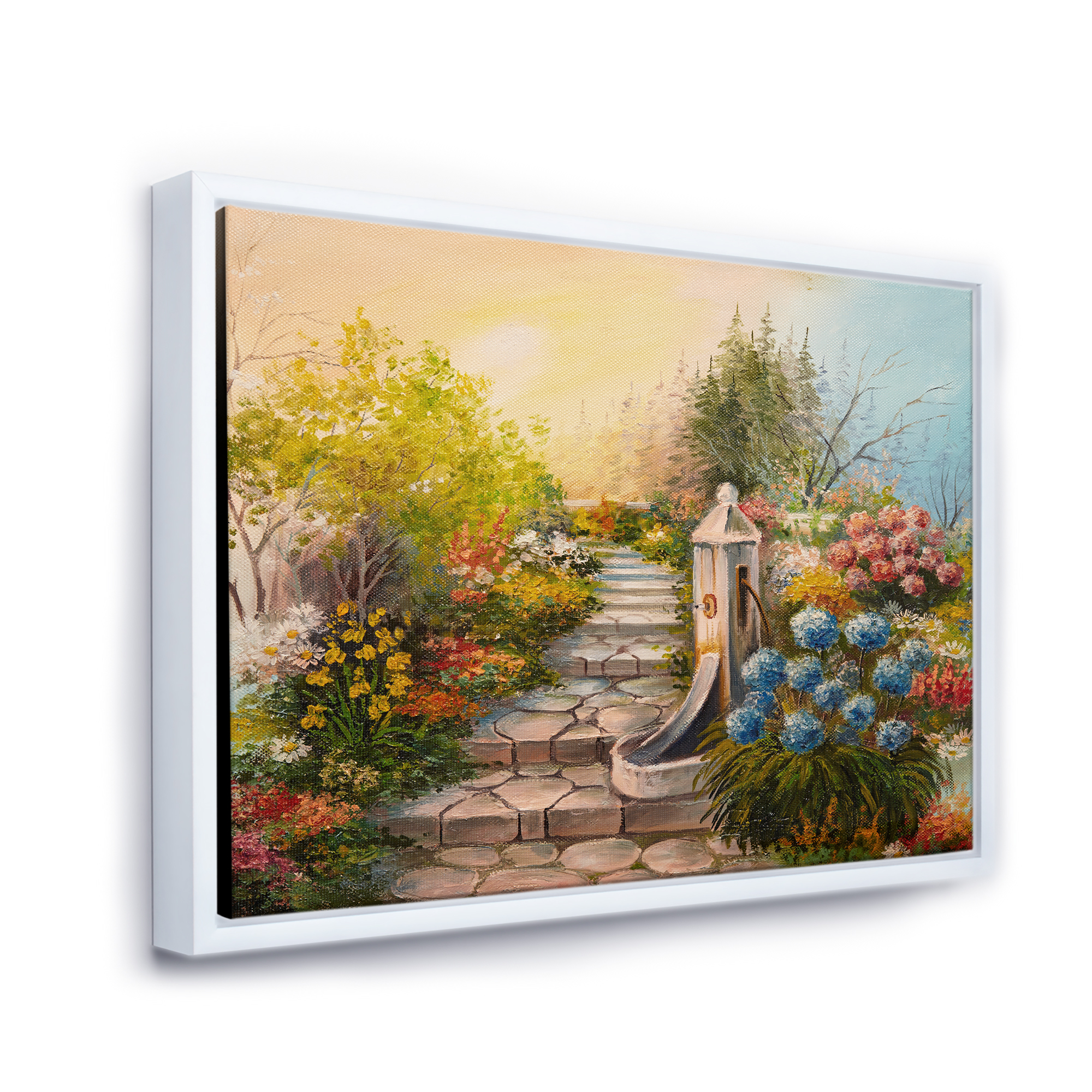 Designart 'Stone Stairs In The Blossoming Flowers Forest' Traditional Framed Canvas Wall Art Print