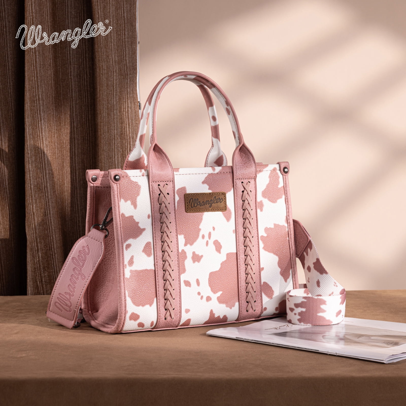 Wrangler Cow Print Tote Bag for Women Western Purse Boho Top Handle Satchel Handbag with Signature Strap, Cow-Light Pink