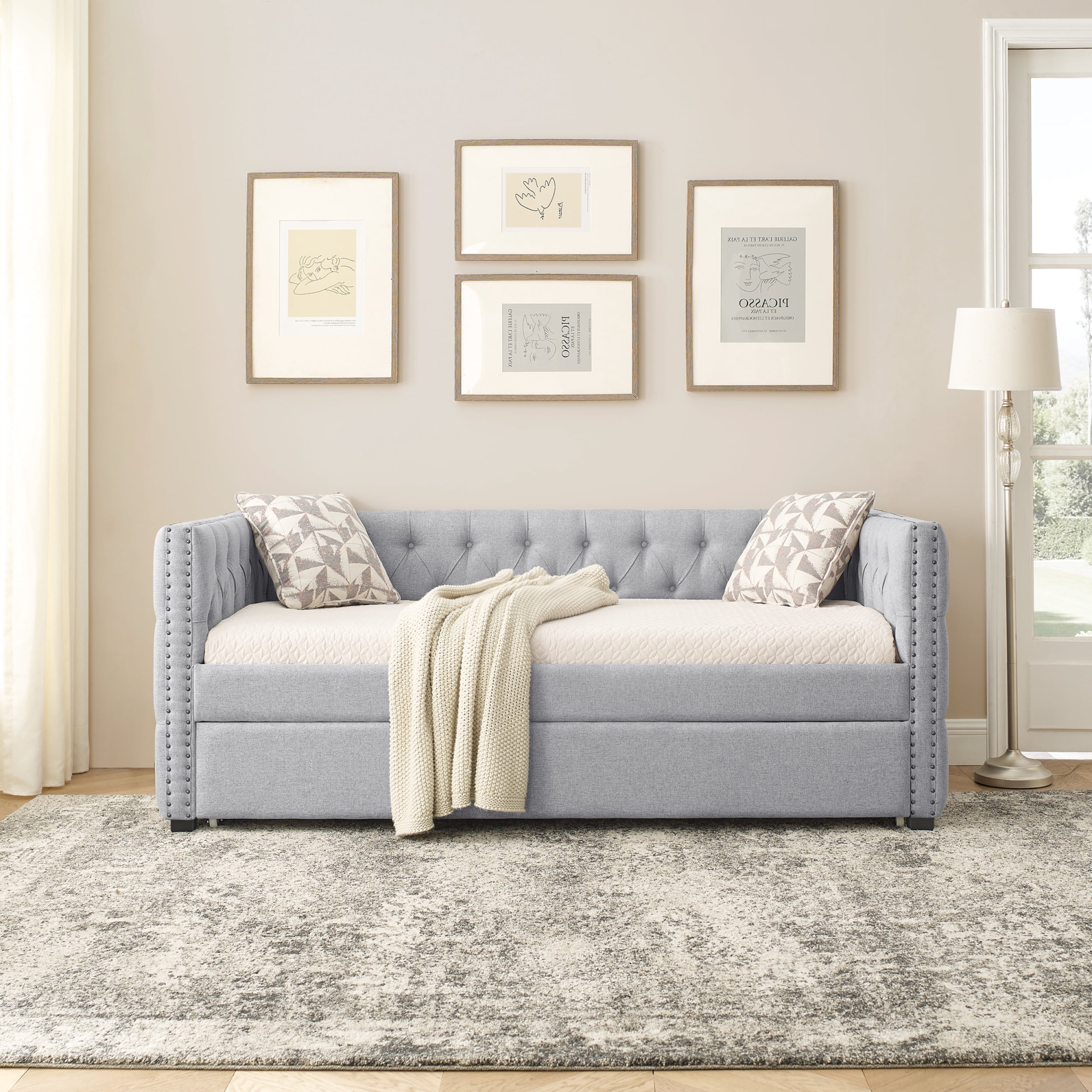 DEALTOPS Upholstered Twin Daybed with Trundle, Modern Wood Day Bed with Button Tufted Pull Out Sofa Bed Daybed with Copper Nail for Living Room - Gray