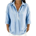 thumbnail image 2 of ClodeEU Women's Striped 3/4 Sleeve V Neck Button Down Shirt,Casual Loose Fit Blouse Top Light Blue,Women's Plus M, 2 of 7