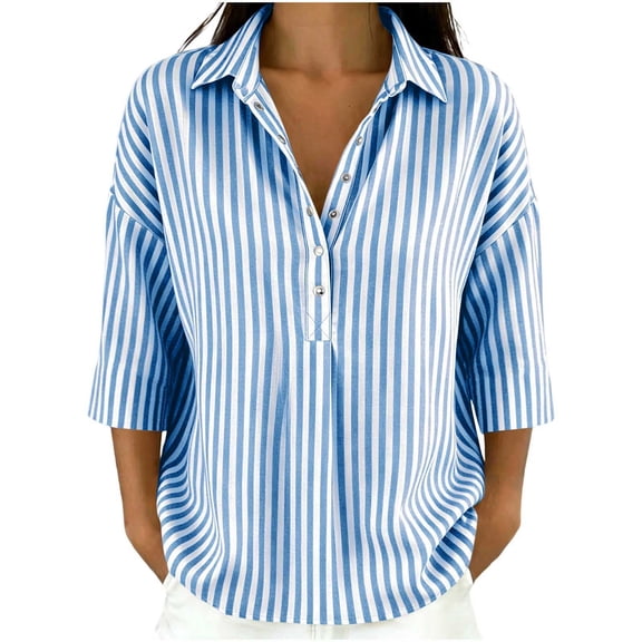 Qgtaibl Womens Striped Tunic Tops Trendy 3/4 Length Sleeve Lapel Half Button Down Shirts Lightweight Loose Fit Casual Blouse Light Blue S