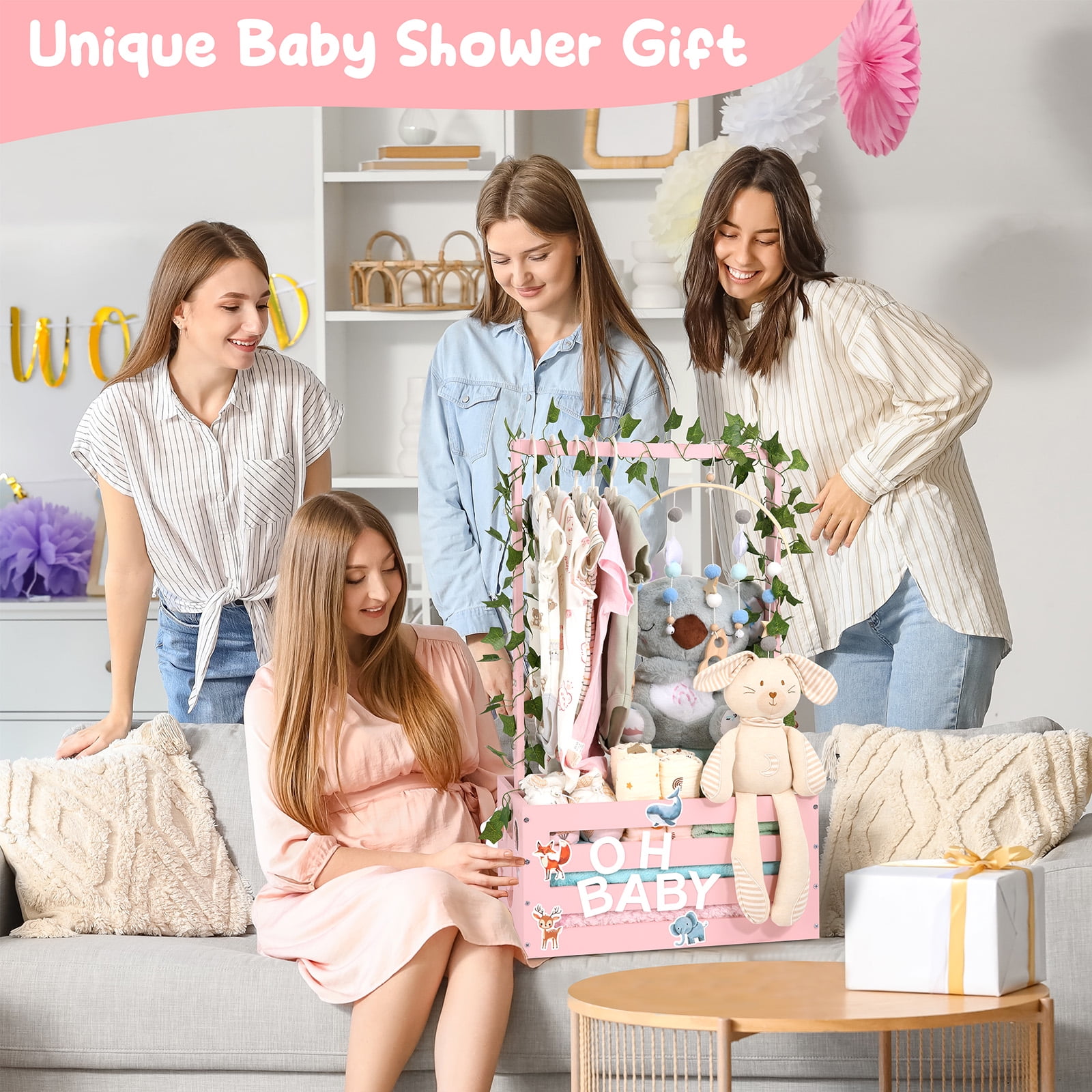 TeSabMi Large Baby Shower Gifts Basket Wooden Crate, Personalized Wooden Letters Hangers New Born Baby Girl Boy Pregnancy Gifts for New Mom Parents Vine Decorations Cute Closet with Adjustable Handle