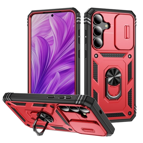 TECH CIRCLE Phone Case for Samsung Galaxy A42 5G PC TPU Hybrid Case with Slide Camera Cover Magnetic Ring Stand Military - Grade Heavy Duty Shockproof Protective Back Cover,Red Black