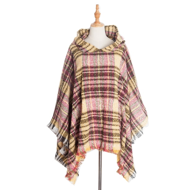 Capa con capucha a cuadros para mujer, poncho, capa con capucha, chal con borlas