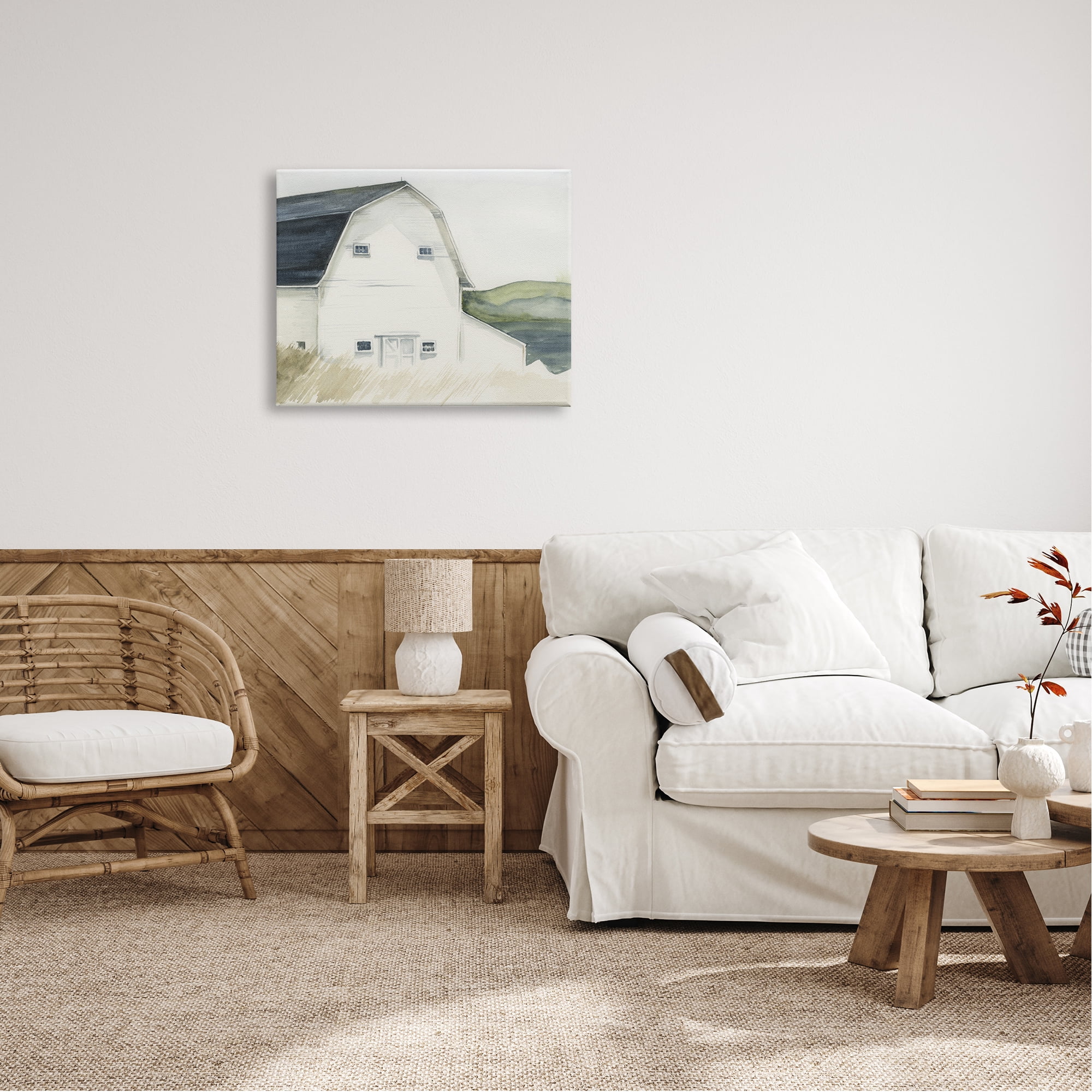 Stupell Industries White Farmhouse Barn Rural Grassland Countryside Farmhouse Painting Gallery-Wrapped Canvas Print Wall Art, 30 x 24, Design by Jennifer Paxton Parker