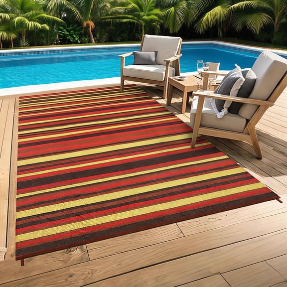 8x10 Outdoor Rug Modern Striped Lines Plastic Straw Rug Red Tone | Striped Reversible Print, UV-Resistant, Lightweight Portable, Stain, Indoor Outdoor, for Patio RV Deck Camping Patio Picnic