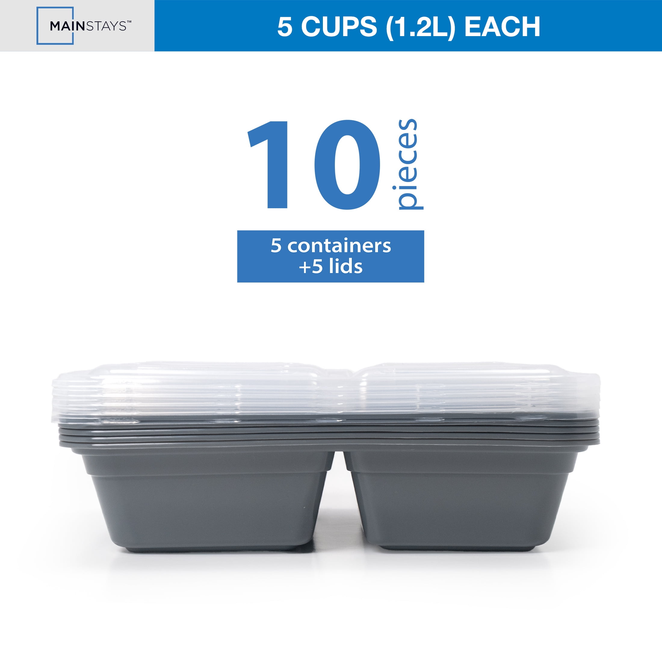 Mainstays 5-Pack 3-Compartment BPA-Free Plastic Meal Prep Food Storage Containers, 1.2L