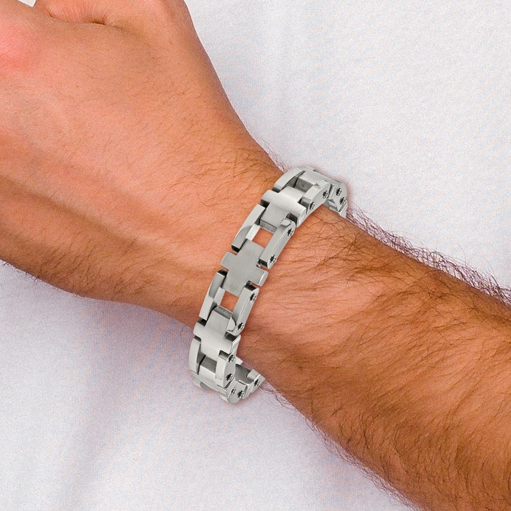 Diamond2Deal Stainless Steel Brushed and Polished Open Cross Link Bracelet for Men 8.5"