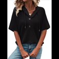 thumbnail image 3 of Blusas de Verano para Mujer, de Punto Gofre, de Corta, con Cordón, Sudaderas con Botones y Cuello en V, Blusas Informales, Camisas. Negro M, 3 of 9
