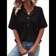 thumbnail image 3 of Blusas de Verano para Mujer, de Punto Gofre, de Corta, con Cordón, Sudaderas con Botones y Cuello en V, Blusas Informales, Camisas. Negro L, 3 of 9