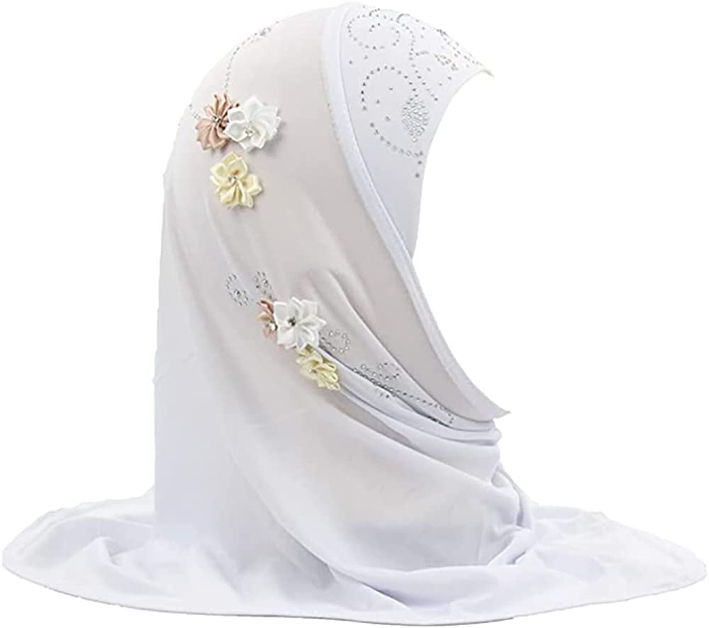 Girls Muslim Hijab Floral Lace Head Scarf Kids Islamic Arab Scarf Shawls Head Wrap with Flowers 
