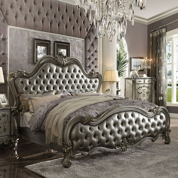 ACME Versailles II Queen Bed, Silver PU & Antique Platinum (1Set/3Ctn)-Color:Silver PU & Antique Platinum,Quantity:1,Style:Vintage/Traditional