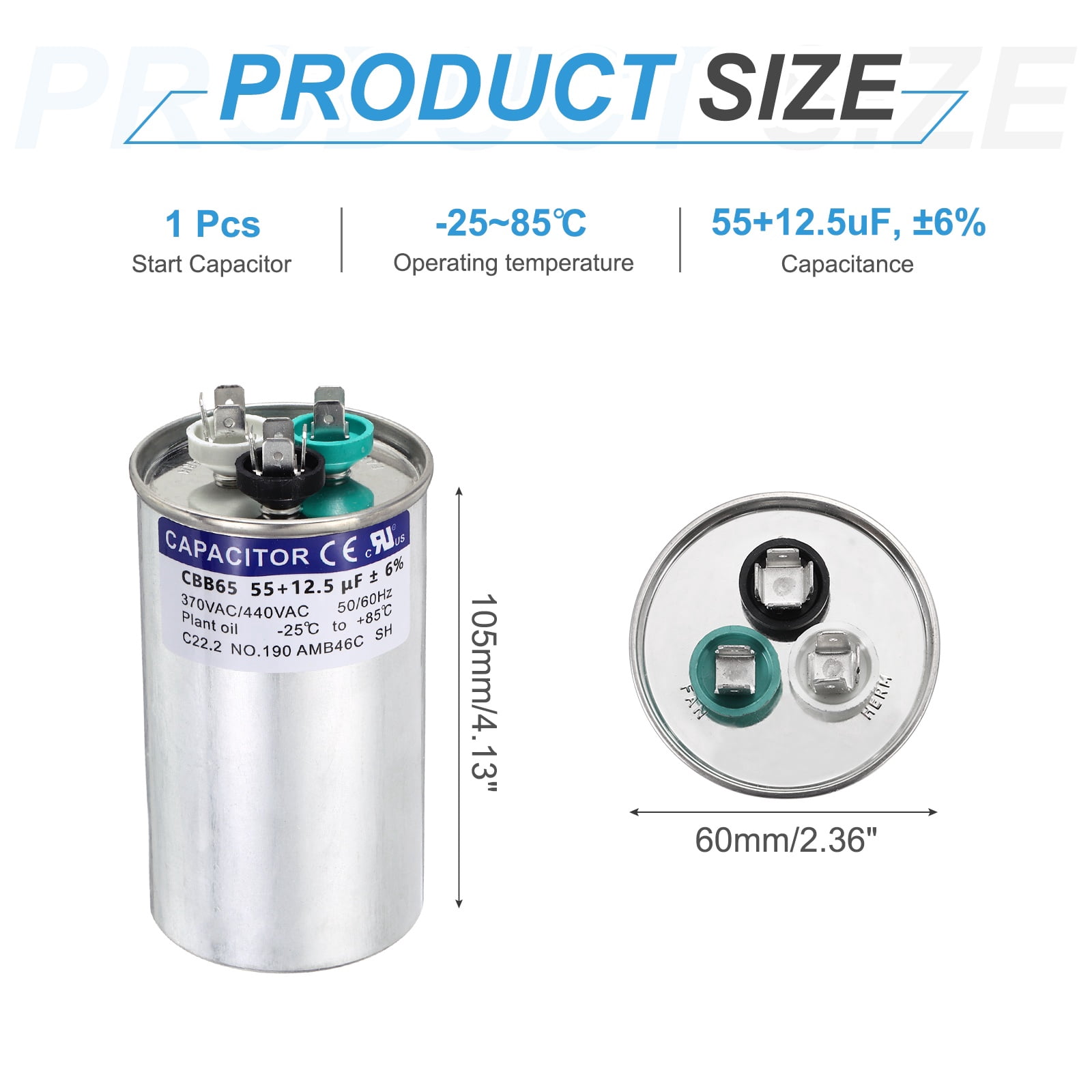 Uxcell 55+12.5MFD CBB65 Run Start Capacitor 55+12.5uF, 370/440V Round AC Capacitor for AC Motor Run, HVAC, Air Conditioner, Condenser Motors