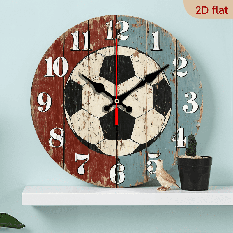 2D Flat, 1pc 10Inch Wooden Wall clock Retro Style Soccer ball design wall clock Round Silent Clock for Living room, kitchen, bedroom, room Thanksgiving, Christmas decoration, ideal birthday gift (