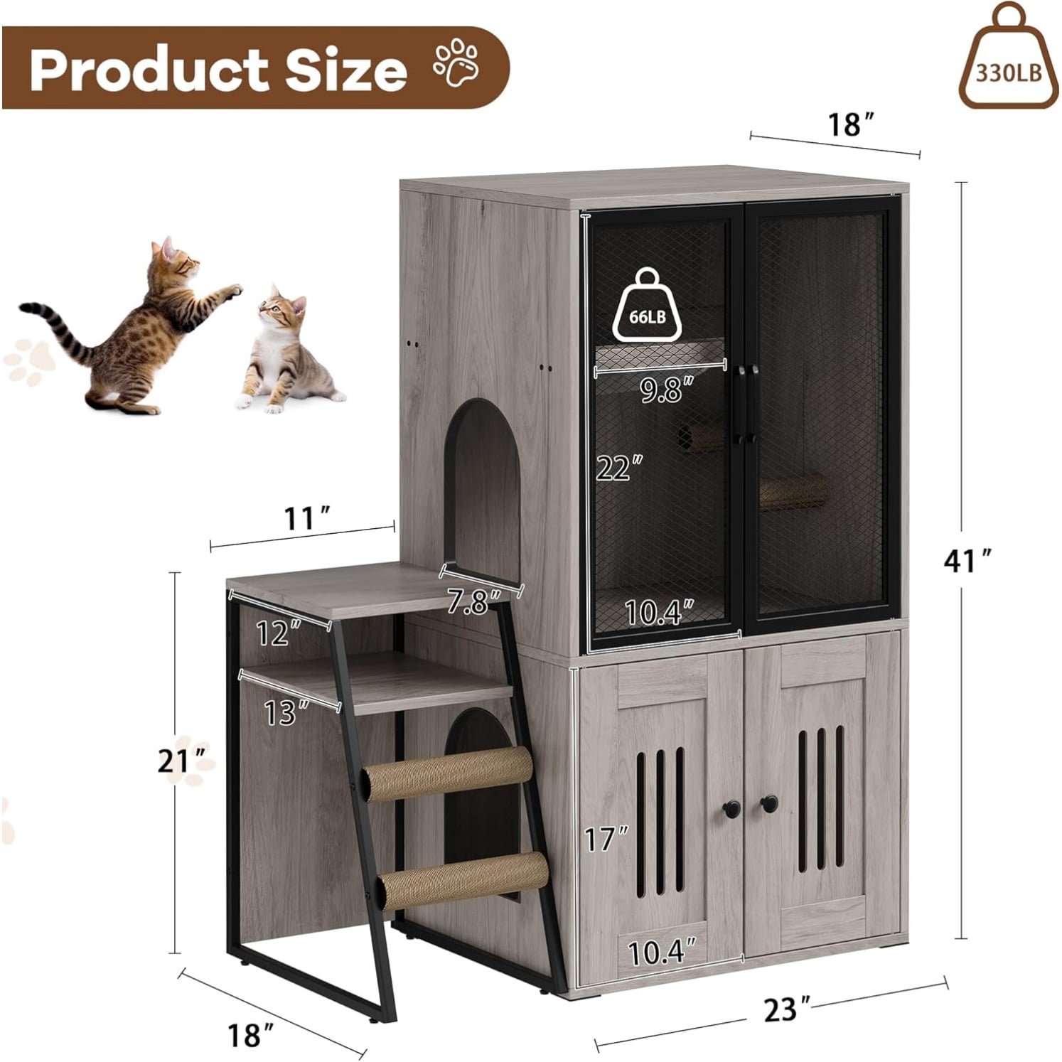 2-Tier Cat Litter Box Furniture - Enclosed Hidden Litter Box Cabinet with Doors, Storage Shelf & Step Ladder - Discrepet Cat Toilet Furniture for Home Decor, Large Size for Multiple Cats