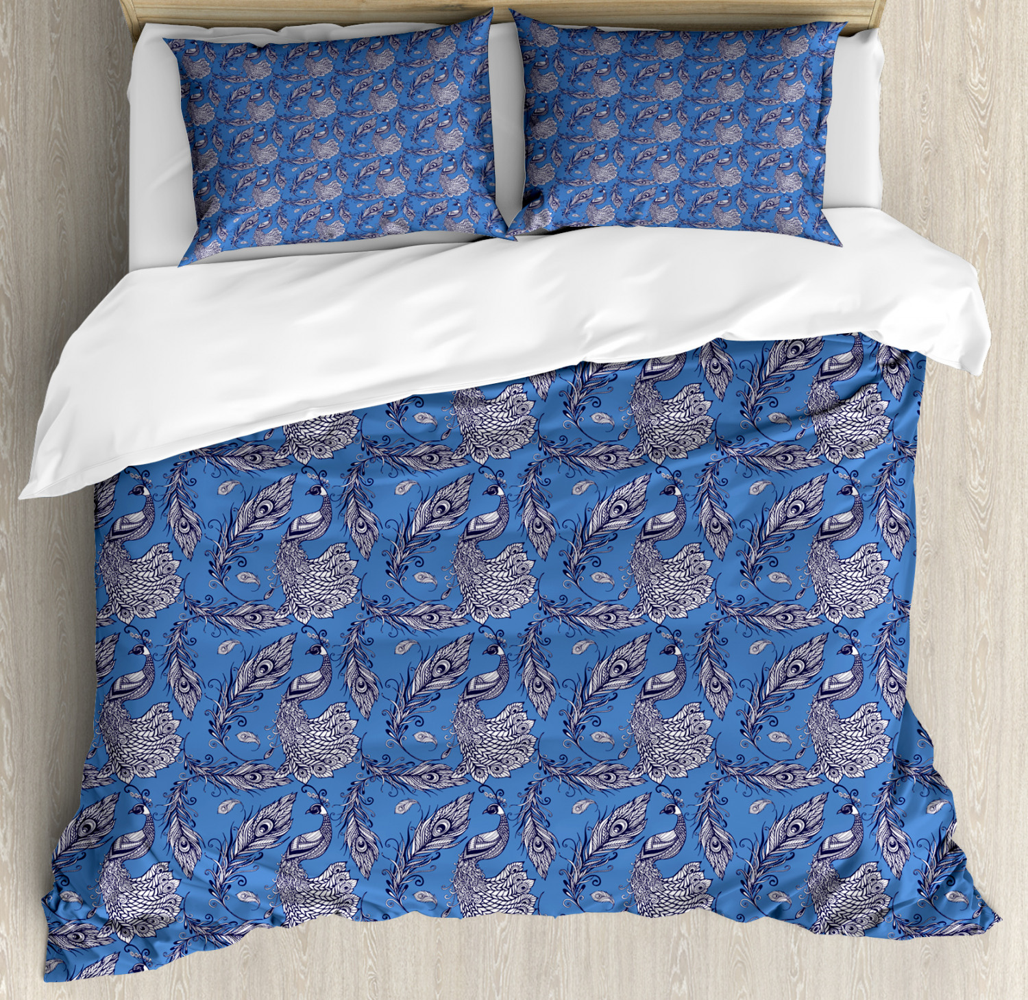 Peacock Duvet Cover Set King Size, Monochromatic Pattern of Zentangle