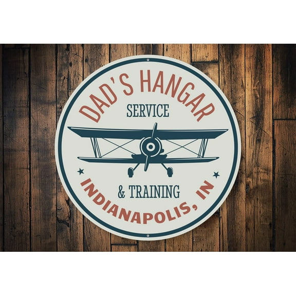 Dad's Hangar Service and Training City State Novelty Sign, Metal Wall Decor - 12" Round