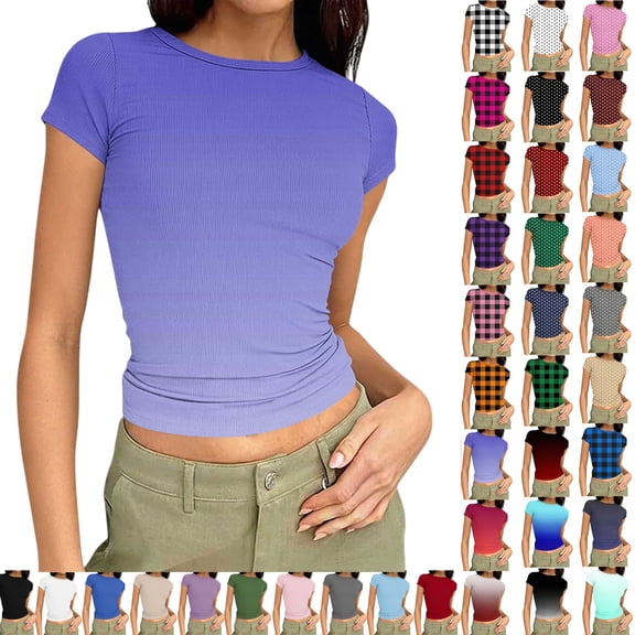 Vibrex Women's Ribbed Knit Short Sleeve T Shirt Crew Neck Slim Fit Crop Top Casual Solid Color Stretchy Form Fitting Trendy Summer Basic Tees for Daily Wear