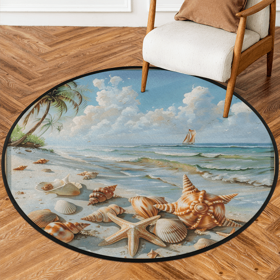 CURLYOOT Round Rug 3ft Ocean Beach Area Rug, Washable Circle Mat Non Slip Floor Carpet Mat, Tropical Beach Starfish Seashell Soft Indoor Rugs for Entryway Living Room Dining Room Bedroom