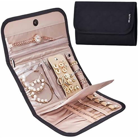 Travel Jewelry Case Organizer, Medium Foldable Storage Roll for Earrings, Necklaces, Rings, Bracelets, Brooches, Black