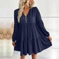 thumbnail image 2 of Women's Summer V-Neck Dress Short Sleeve Button Up Lace Neck Drawstring Loose Casual Dress Elegant Solid Color Puff Elbow Sleeve Maxi Dress Swing Ruffle Hem Layered Beach Knee-High Dress, 2 of 7