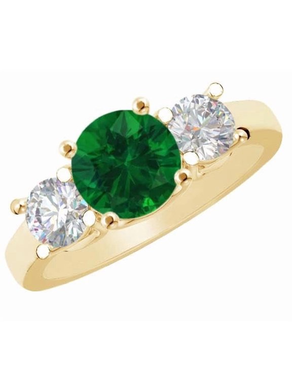 1-6 Carat Round 14K Yellow Gold LAB GROWN 3 Stone Gemstone & LAB GROWN Diamond Three Stone Engagement Ring (Ruby Center AAAA Heirloom Quality) Emerald 1 Carat Size: 8