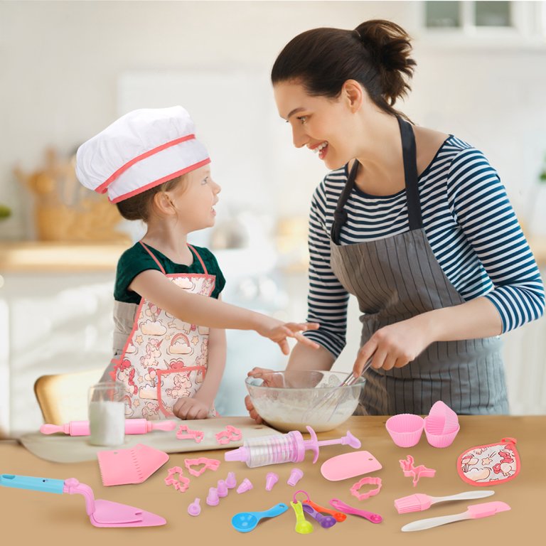 Aoskie Kids Baking Set for Girls with Apron, Cooking Pink Chef Set for  Kids, Dress Up Role Play Toys Gift for 3-8 Years Old 