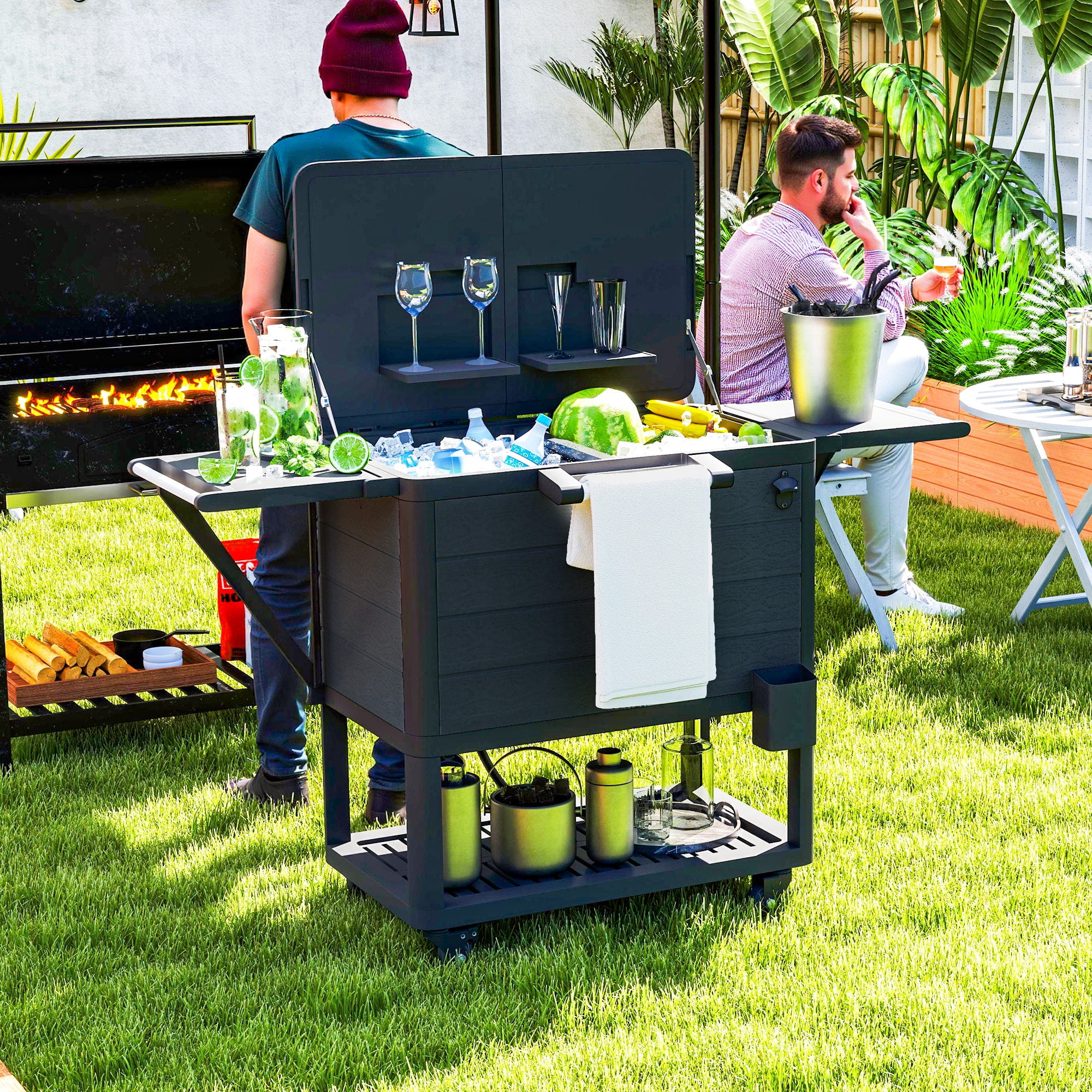 Homiyad 104 Quart Large Capacity Outdoor Cooler Cart, Patio Rolling Ice Chest with Bottle Opener Shelves Wheels, Black