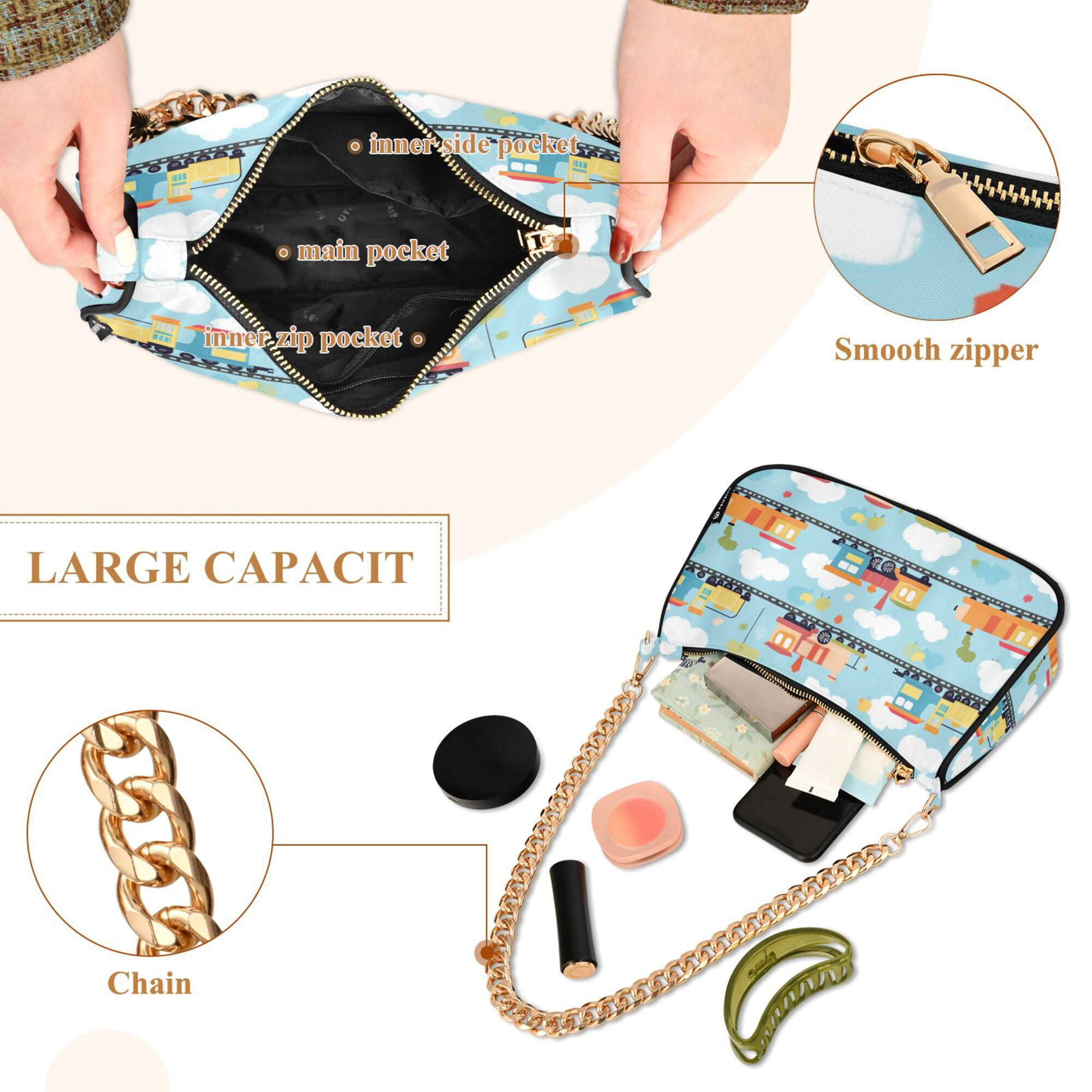 FORMRS Womens Shoulder Bag with Chain Strap Clutch Purse Cute Tote Handbag, Cartoon Train Pattern
